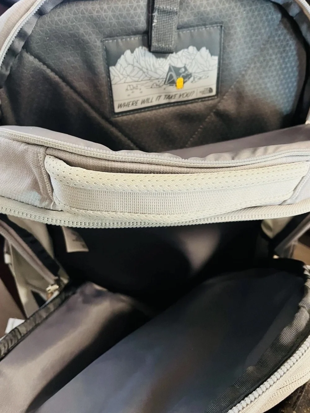 The North Face women’s Gray Backpack with Rose Accent